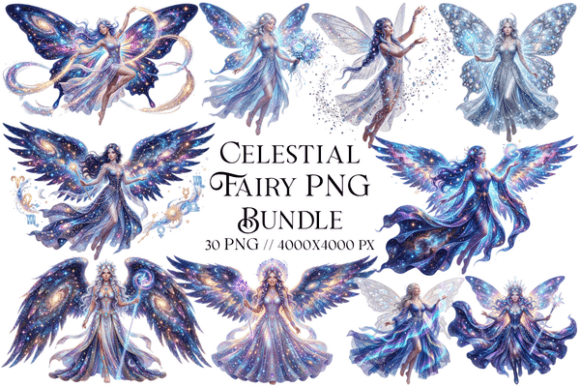 Celestial Fairy PNG Bundle: Elevate Your Fantasy Designs with 30 Magical Illustrations