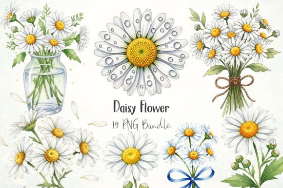 Daisy Watercolor Clipart: 19 High-Res PNGs