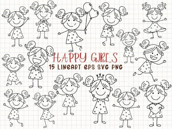 Evaluating the Happy Girls Line Art Stick Figure Girl Collection for Creative Projects