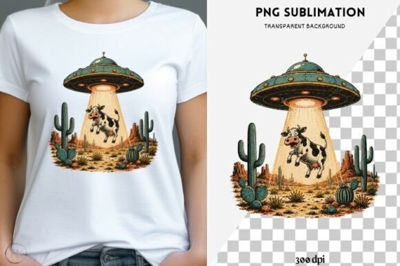 Retro UFO Cow Abduction PNG Alien