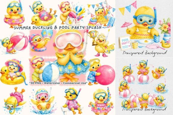 Summer Pool Party Duckling Watercolor Art