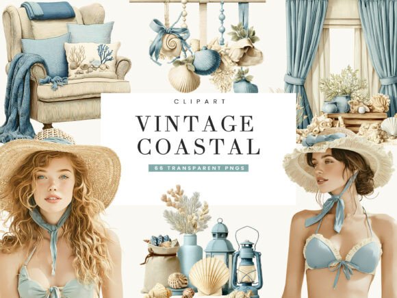 Vintage Coastal Clipart Bundle: 66 Watercolor Designs