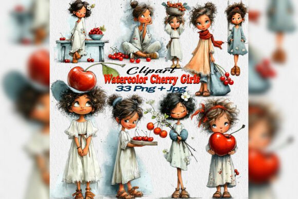 Watercolor Cherry Girl Clipart PNG Set: A Sweet Addition to Your Creative Projects