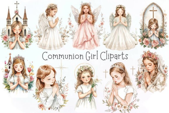 Watercolor Communion Girl PNGs Set