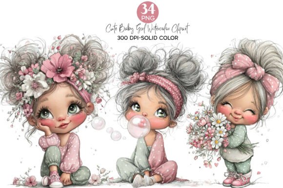 Watercolor Cute Baby Girl Clipart: Elevating Designs with Soft Charm