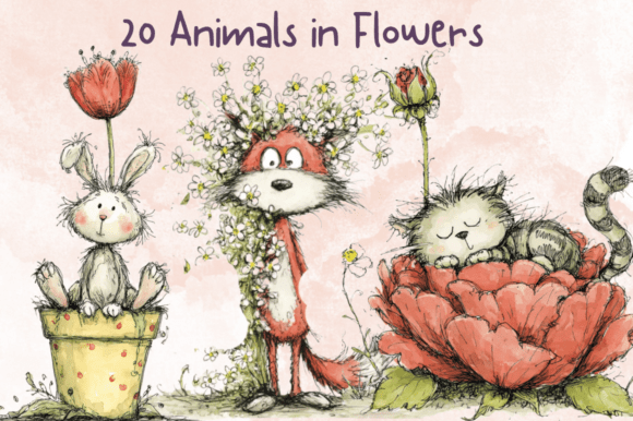 Whimsical Animals in Flower Clipart Set